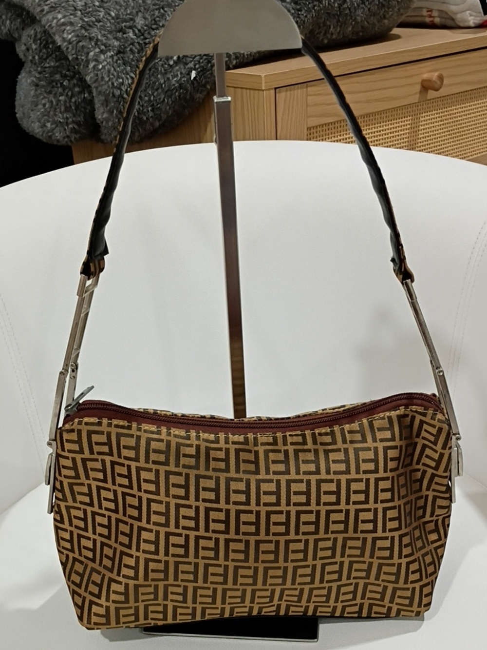 Fendi Vintage Zuccino Baguette  With Brown Zuccino Leather Shoulder Bag